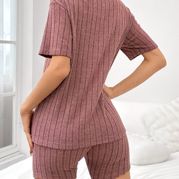 Unbranded Dusty Pink Loose Round Neck Short Sleeve Loungewear Set NEW Sz L - Picture 2 of 2